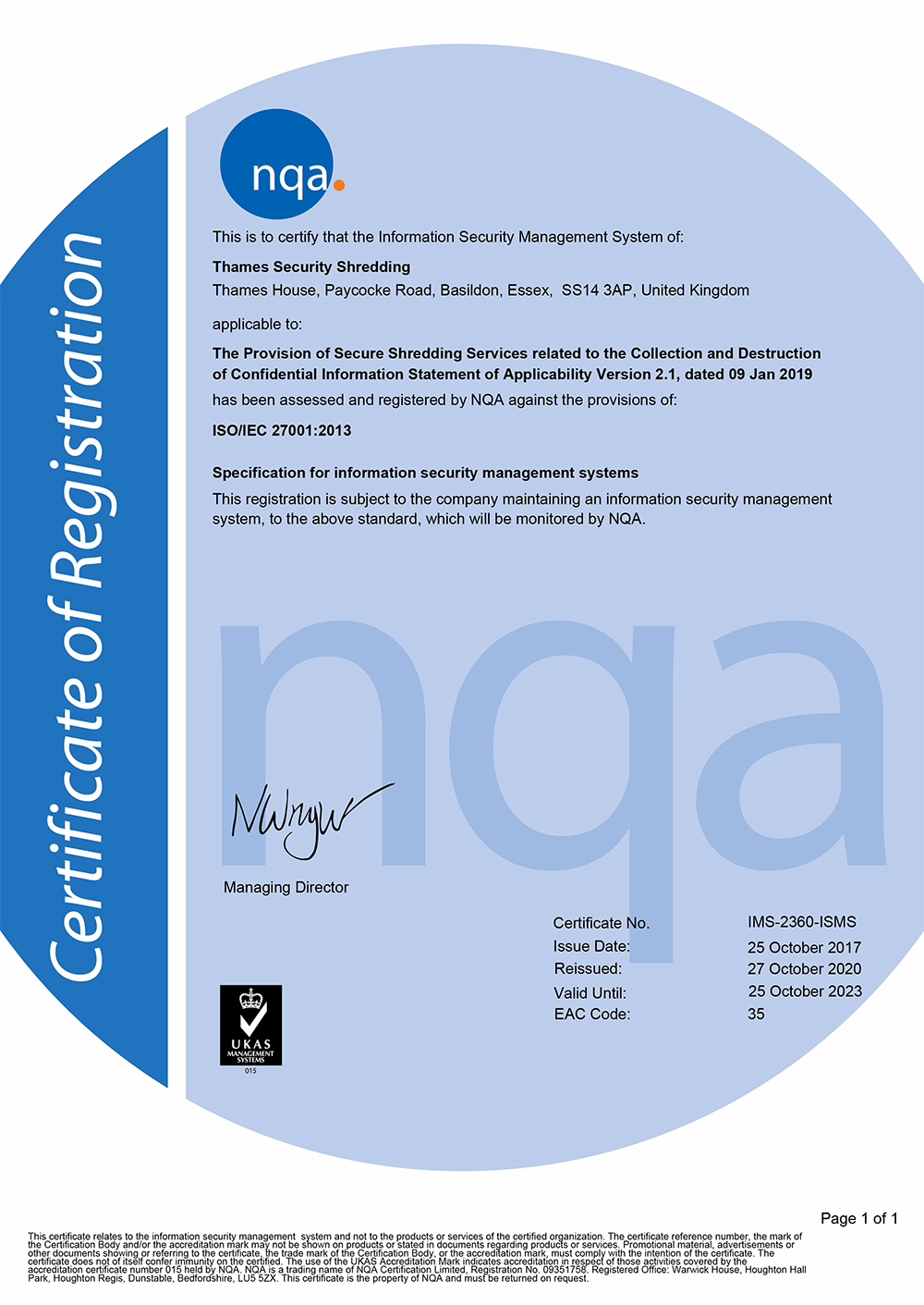 NQA certificates ISO27001